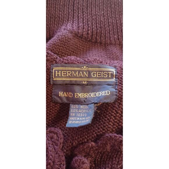 VTG Herman Geist Hand Embroidered Cardigan Sweater Sz Medium Aubergine Cottage - Picture 6 of 7